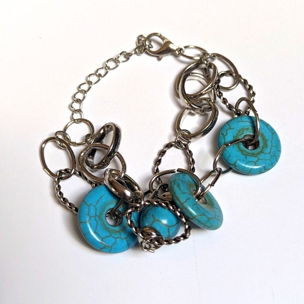 Long Silver Tone Chain Faux Turquoise Hammered Metal Necklace Bracelet Set - Picture 2 of 3